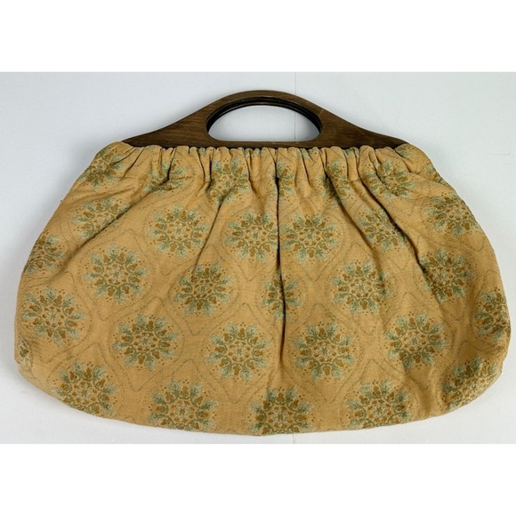 Vintage Wood Handle Fabric Tapestry Purse Handbag Retro Cottagecore Prairie - Picture 3 of 7